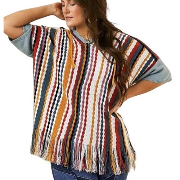 Gimmicks Striped Fringe Hooded Oversize Short Sleeve Boho Knit Sweater Sz Large - Picture 2 of 7